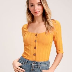 Free People Central Park Golden Yellow 3/4 Sleeve Cardigan Sweater